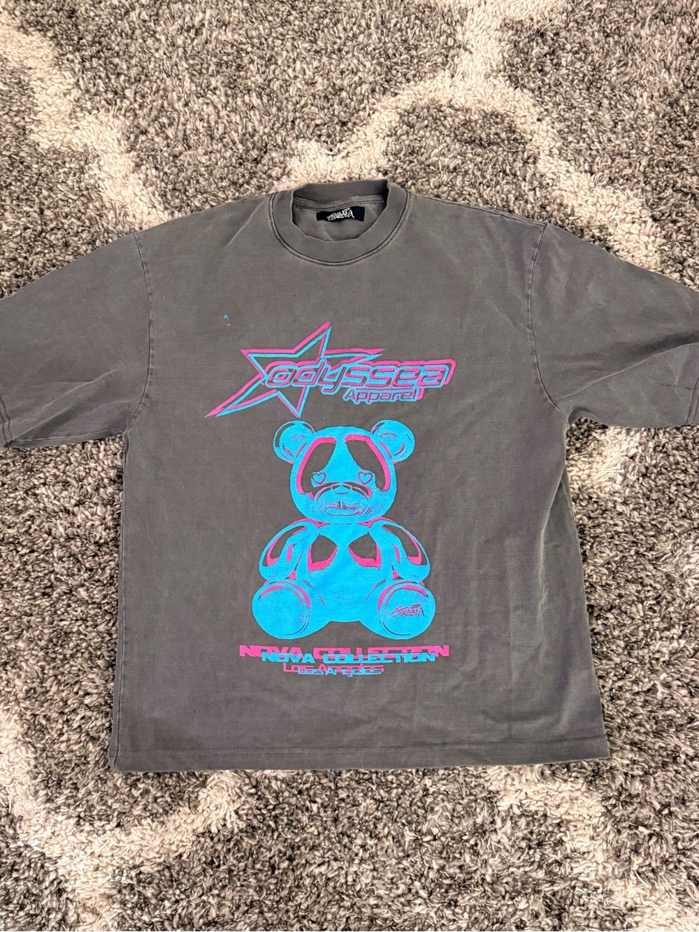 Men's Washed Black Graphic Tee with Blue & Pink Teddy Design